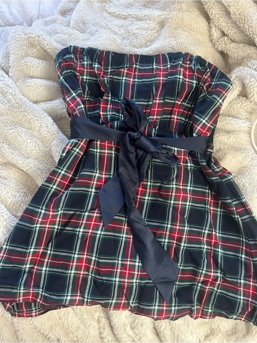 Hollister Navy Red Green Plaid Strapless Dress with Navy Sash